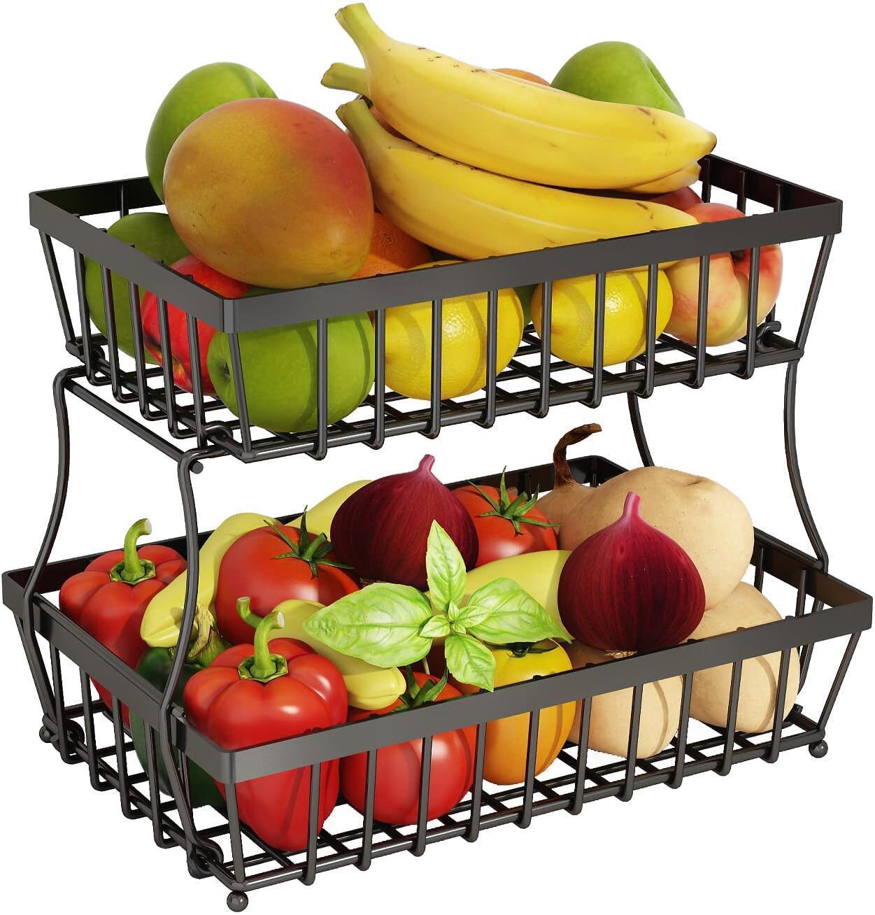 Removable Double Layer Fruit Basket for Kitchen Storage - Stainless Steel