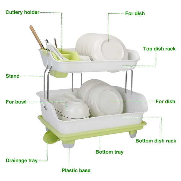 2-Tier Dish Drying Rack with Cutlery Holder - Green & White