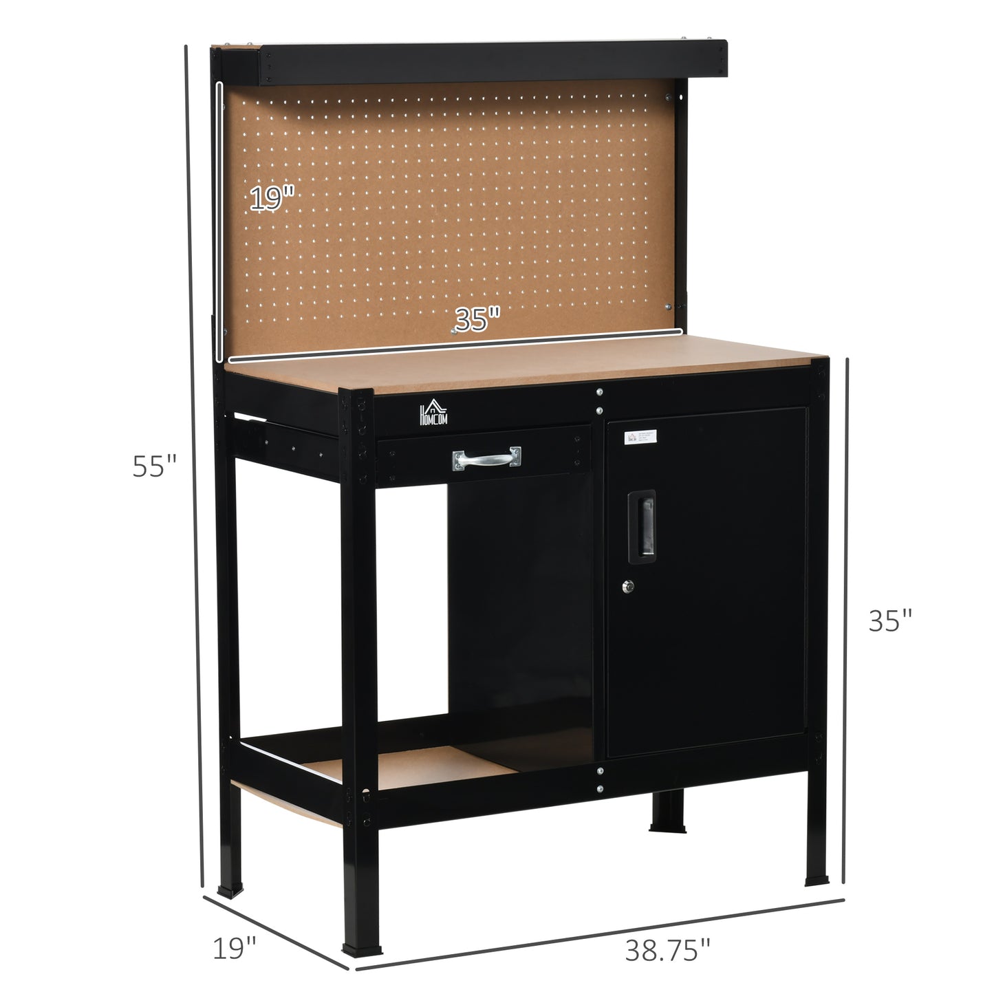 Multipurpose Workshop Workbench with Pegboard Drawer Cabinet Steel Frame Black 1190x580x125mm