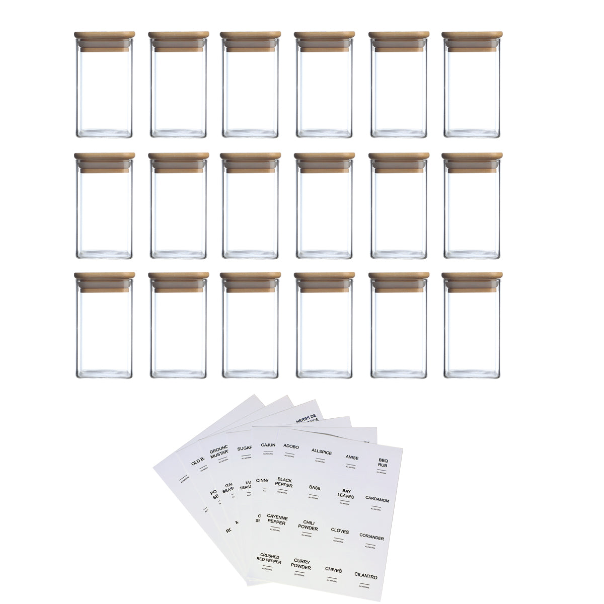 18-Piece Square Spice Jar Set with 72 Stickers - Kitchen Organizer