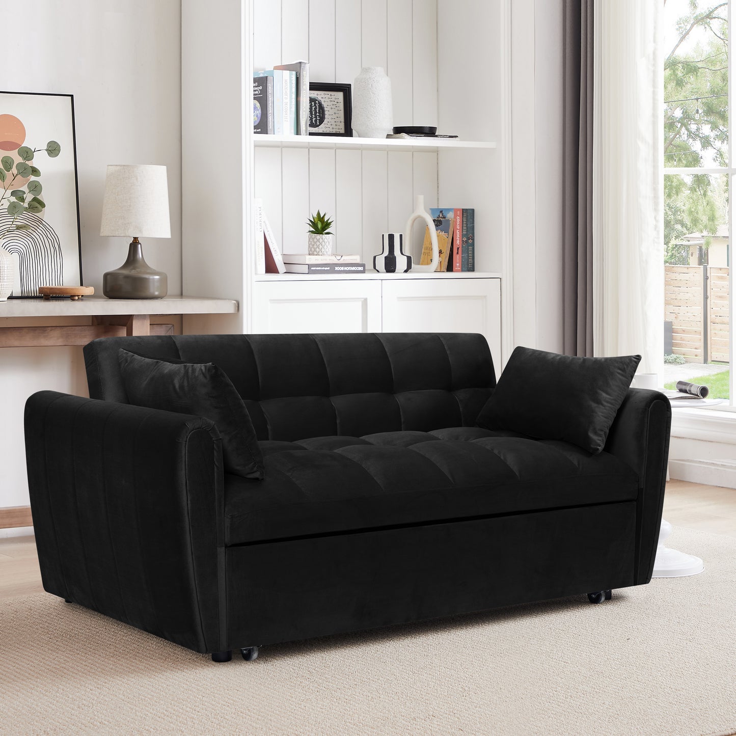 65-Inch Foldable Velvet Sofa Bed with Adjustable Back - Black