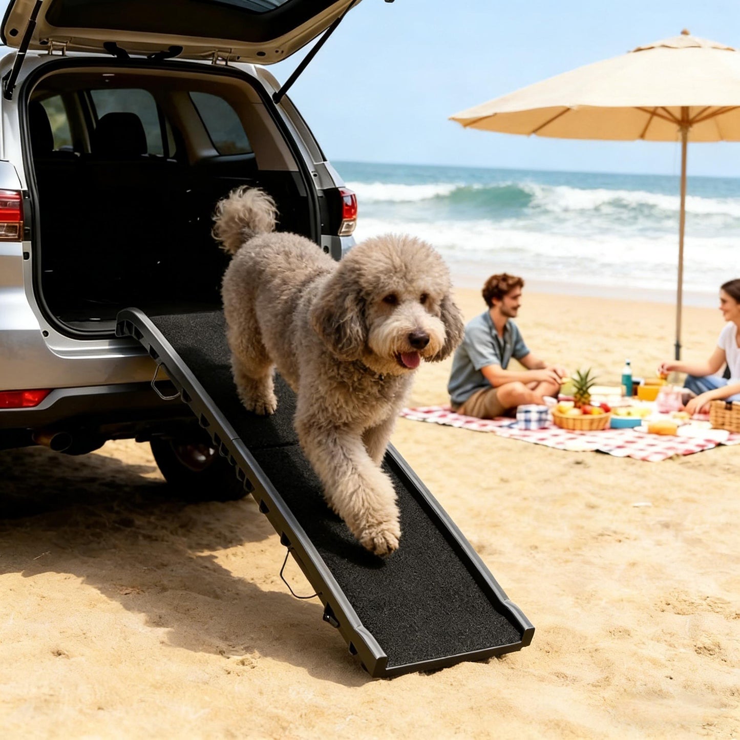 Foldable Dog Ramp for Vehicles and Beds - Gentle Slope, Non-Slip Surface, Black