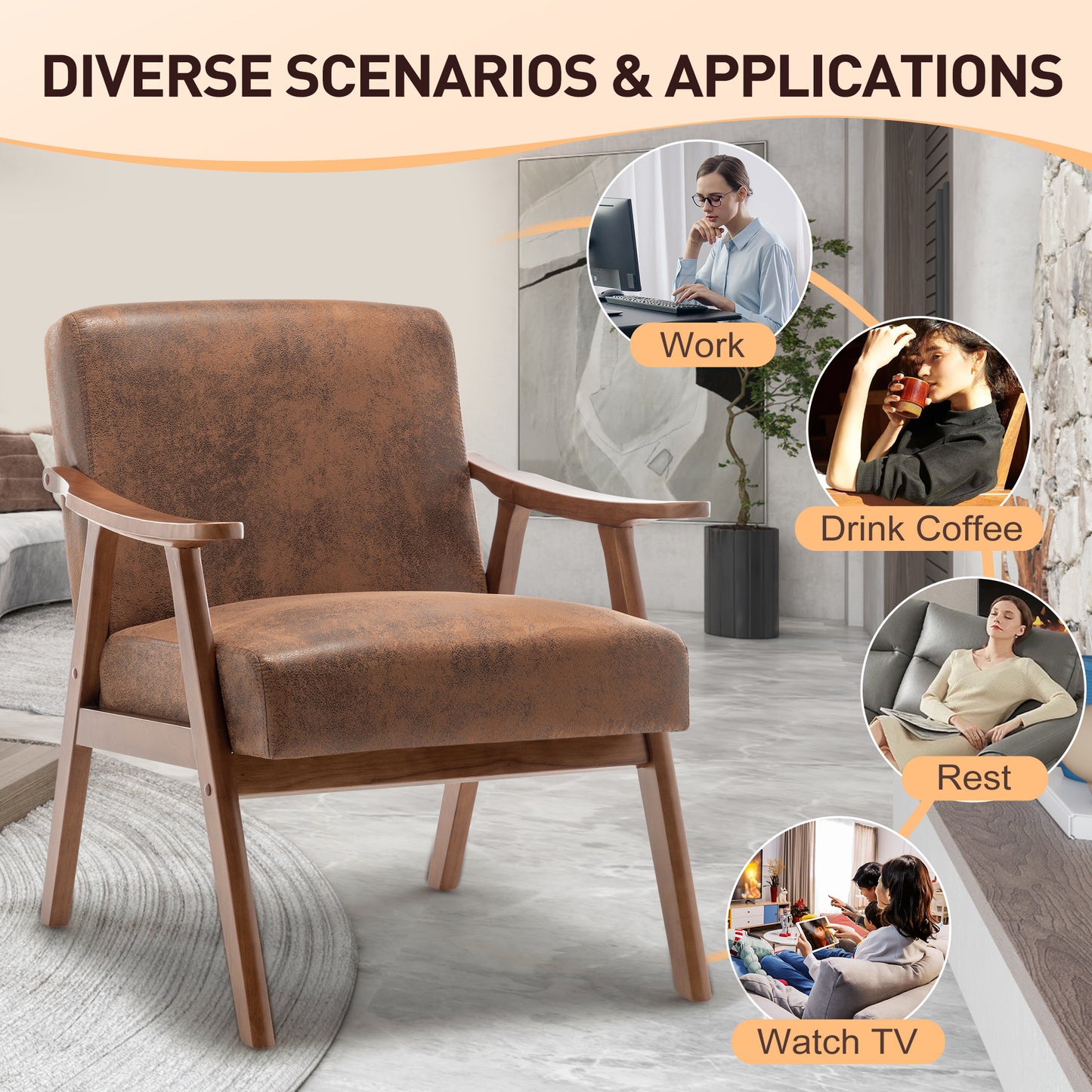 Mid-Century Modern Accent Chair with Solid Wood Frame - Brown