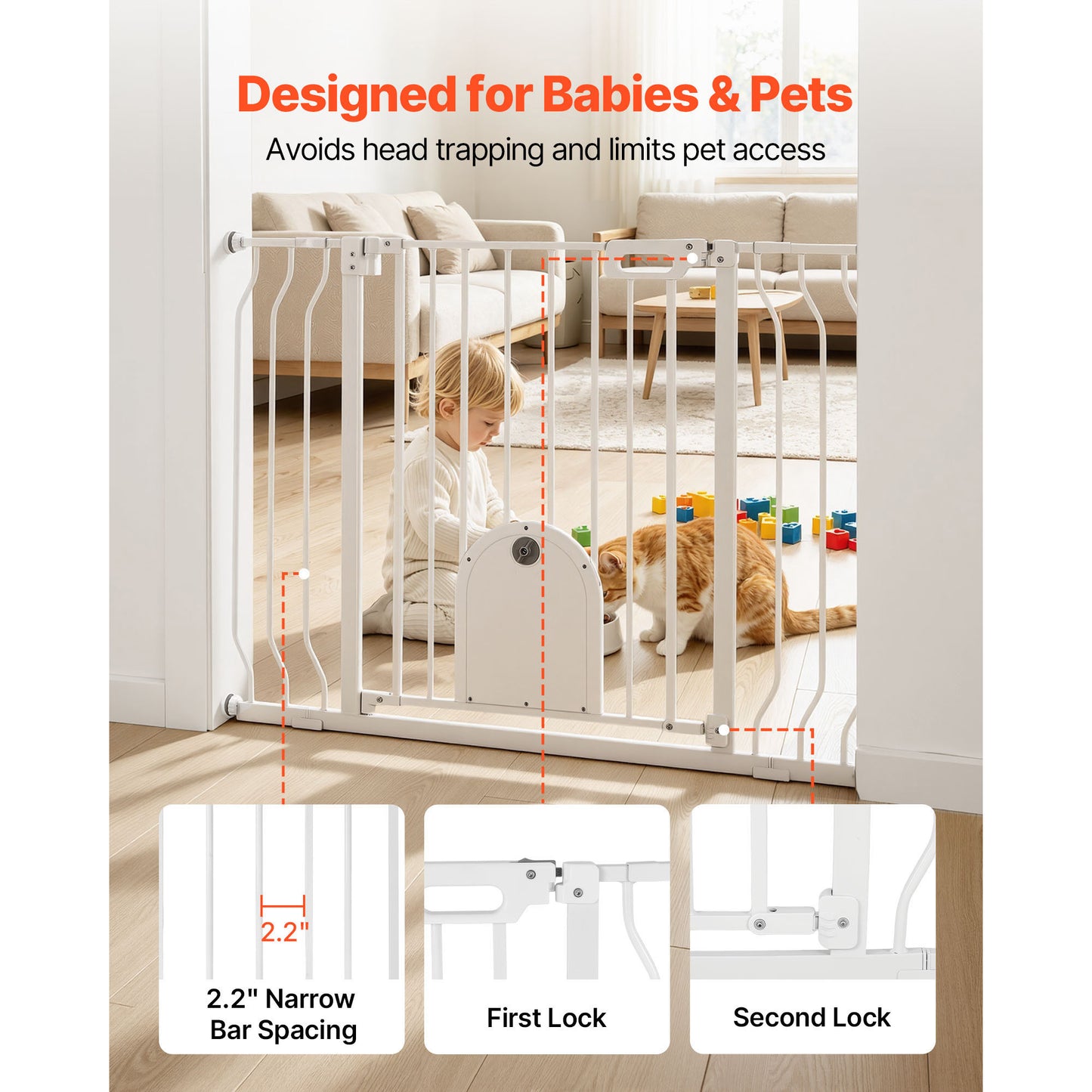 Adjustable Baby Gate for Stairs & Doorways with Cat Door, Pressure & Wall Mount, White