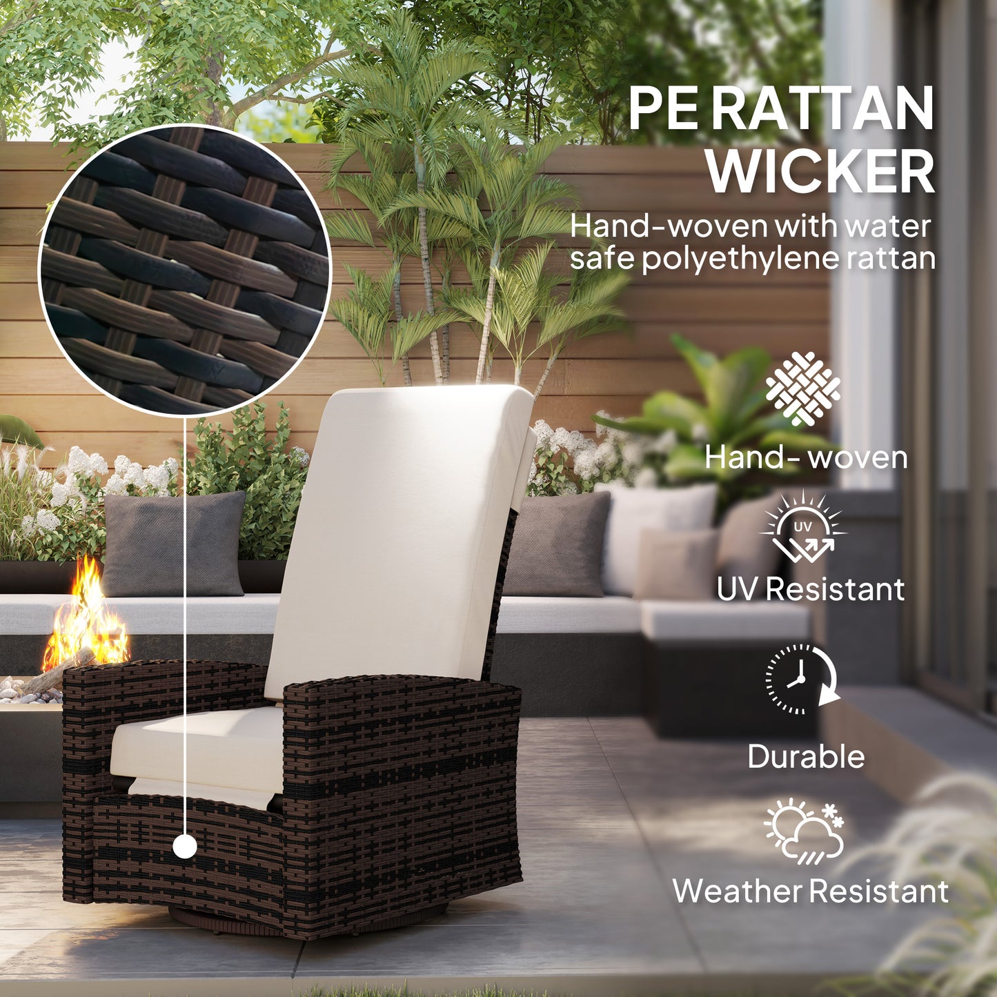 Outdoor Wicker Swivel Recliner Chair with Lifting Footrest - Khaki