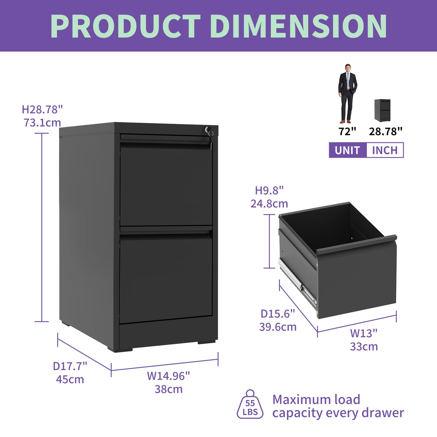 2 Drawer Metal Vertical File Cabinet With Lock Office Home Steel For