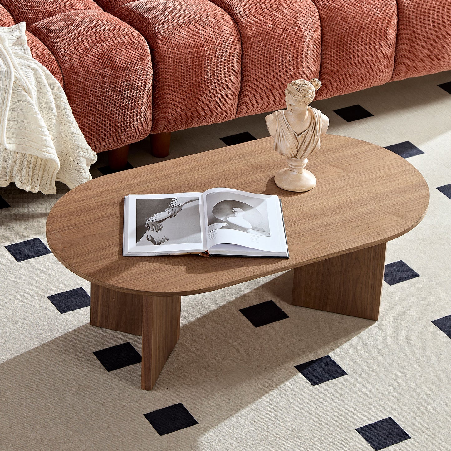 Modern Walnut Coffee Table - 39.37 Inch Oval MDF Design