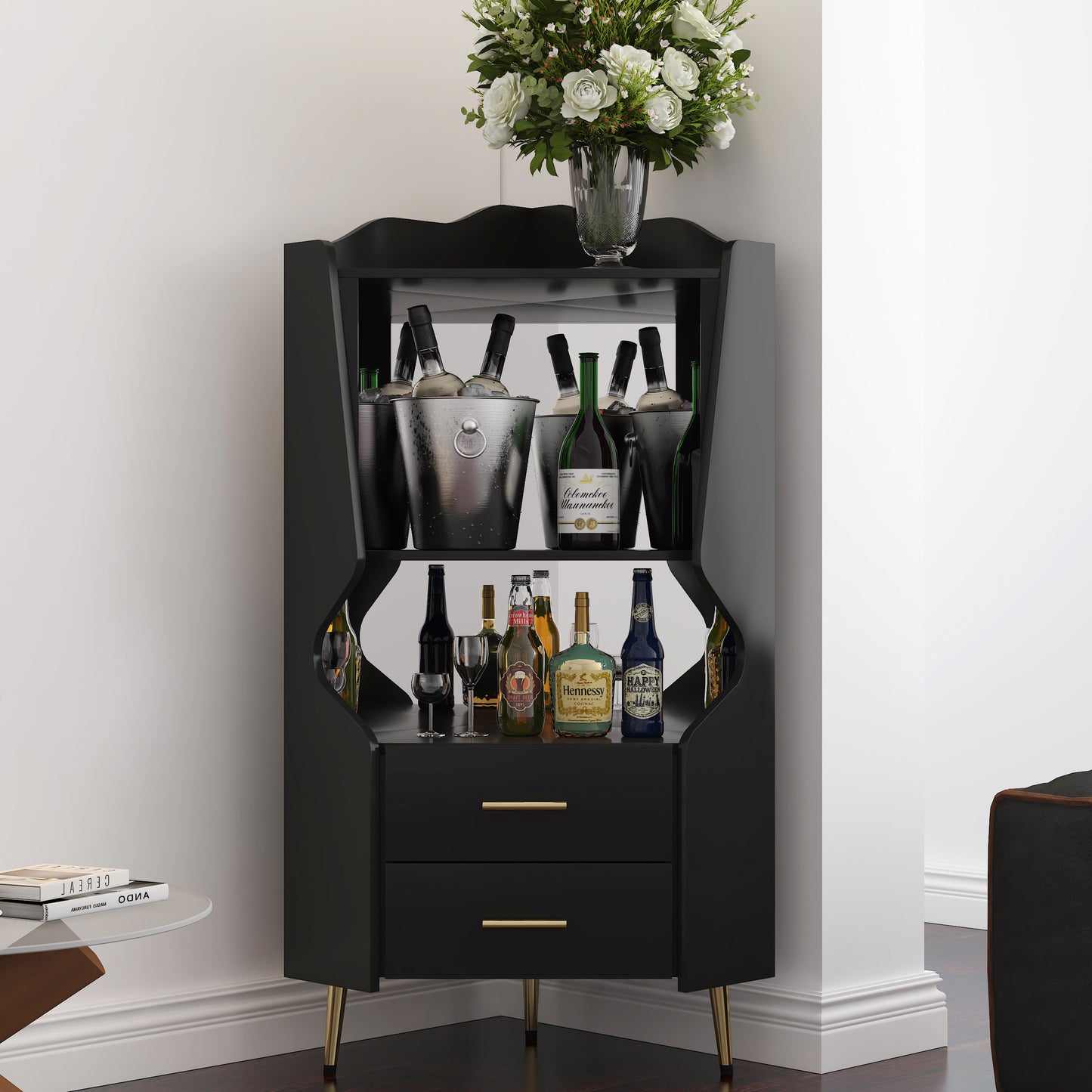 Wooden Corner Bar Cabinet With 2 Open Storage Shelves And Drawers,