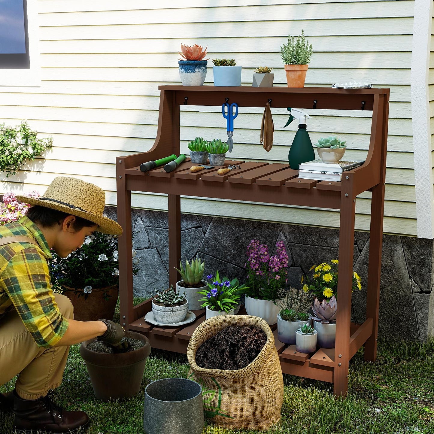 Outdoor Potting Bench with Storage - All Weather HDPE - Brown