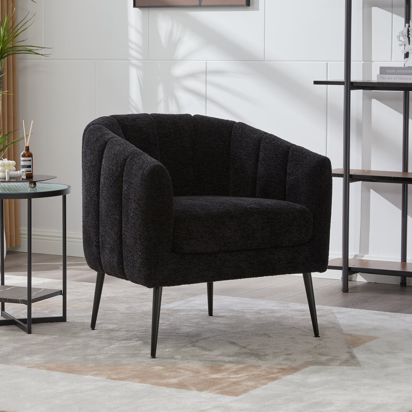 Modern Chenille Barrel Accent Chair with Metal Legs - Black