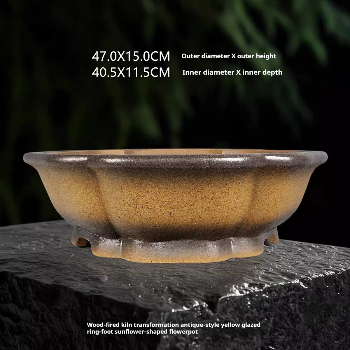Yellow-Glazed Wood-Fired Bonsai Pot with Zisha Finish - Indoor Garden Decor