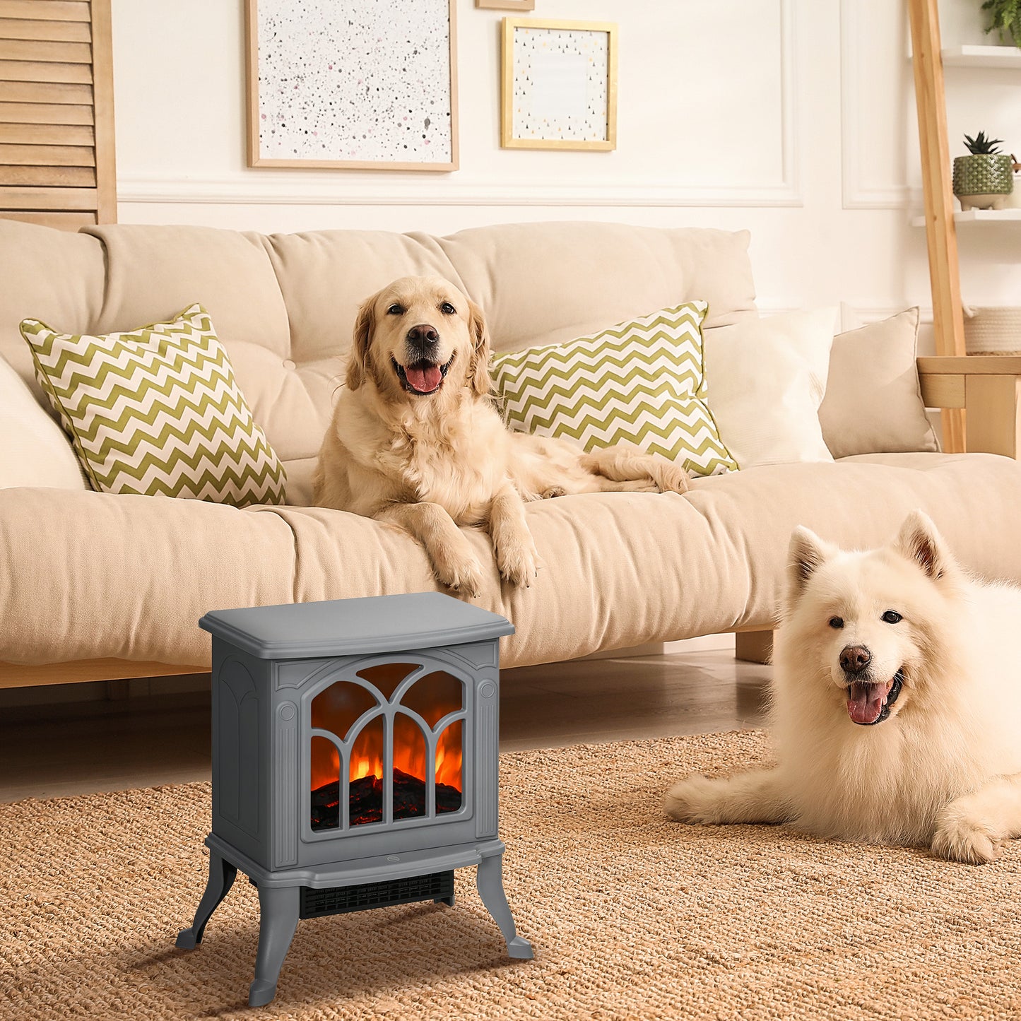 Electric Fireplace Heater Freestanding Stove with Realistic Logs Flame Effect Gray 750W/1500W