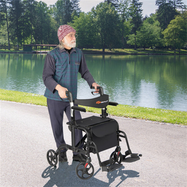 2-in-1 Rollator Walker and Wheelchair - 300lbs Capacity, Adjustable Handles, Black