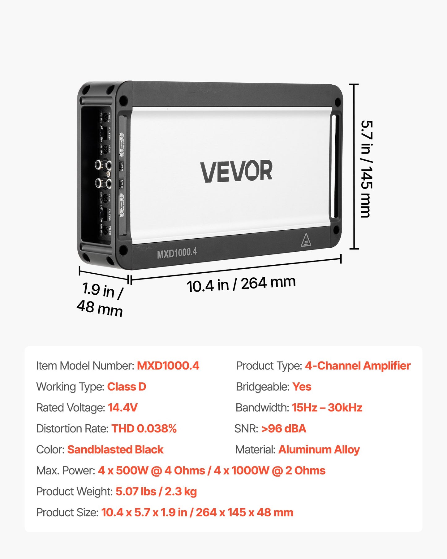 4 Channel Car Audio Amplifier 2 Ohm Stable Bridgeable 500W x 4 Full Range