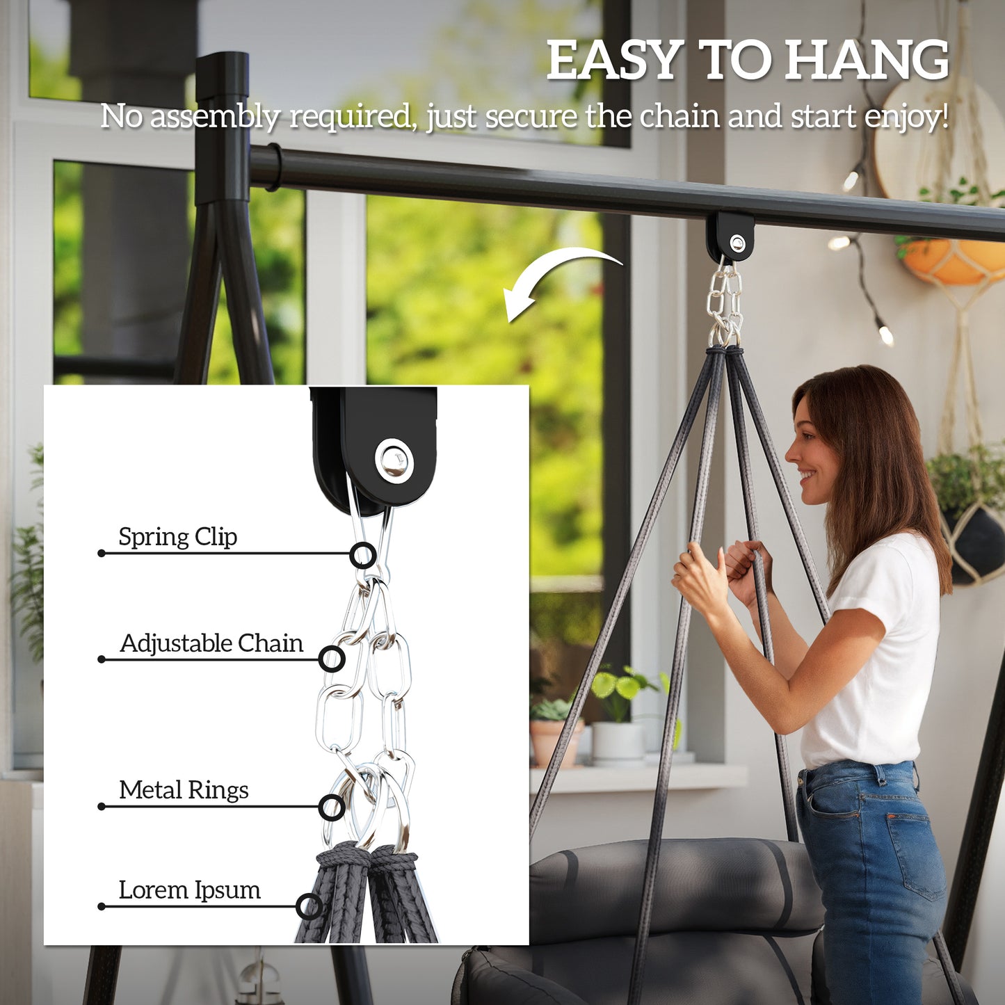 Macrame Hanging Hammock Chair with Large Cushion - Dark Gray
