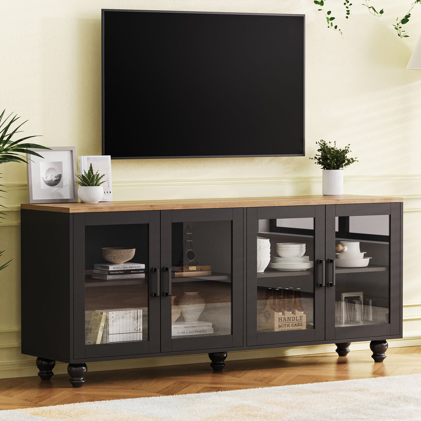 Farmhouse TV Stand with Glass Doors for TVs Up to 70" - Black