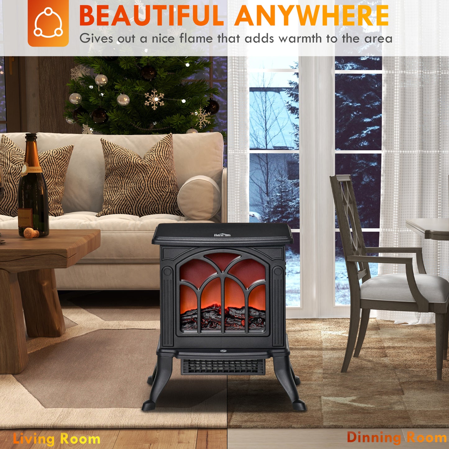 Electric Fireplace Heater with Realistic Logs & Flame Effect, Freestanding, 750W/1500W, Black