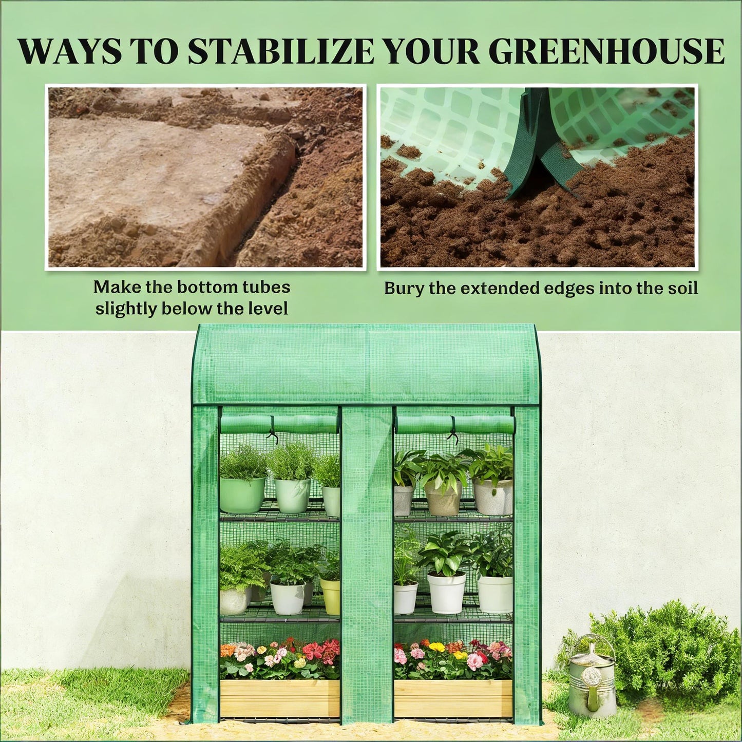 Portable Mini Greenhouse with Three-Tier Plant Shelf - Green