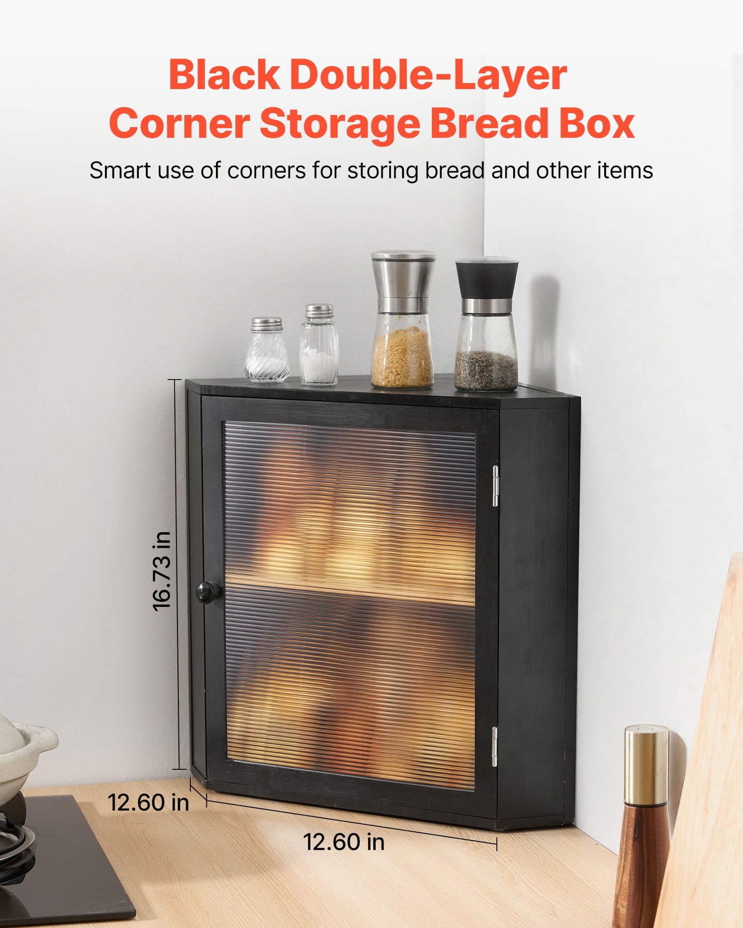 Double Layer Bamboo Corner Bread Box for Kitchen - Black