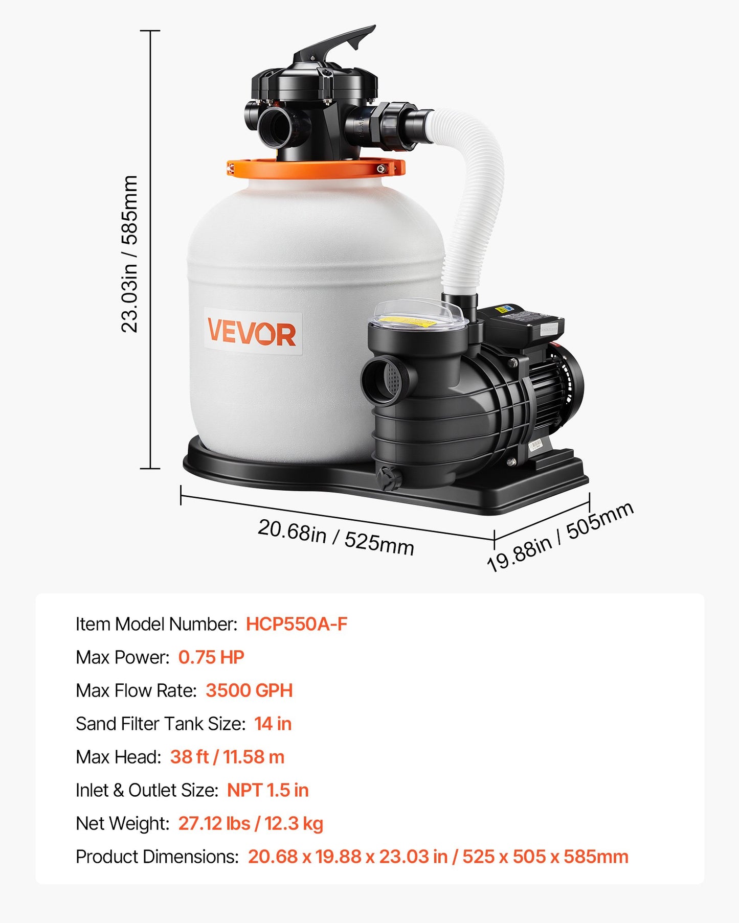 14-Inch Sand Filter Pump for Above Ground Pools - 0.75 HP 3500 GPH, Leak-Resistant, Ready to Use, Black