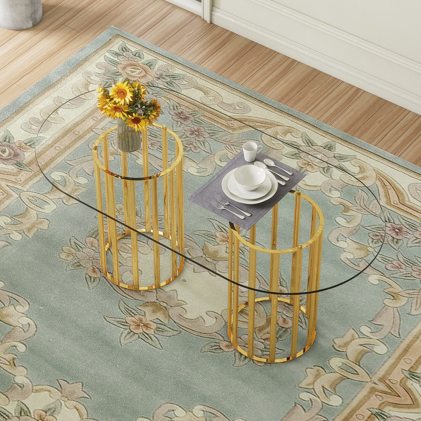 71 Inch Oval Tempered Glass Dining Table, Gold Double Column Light