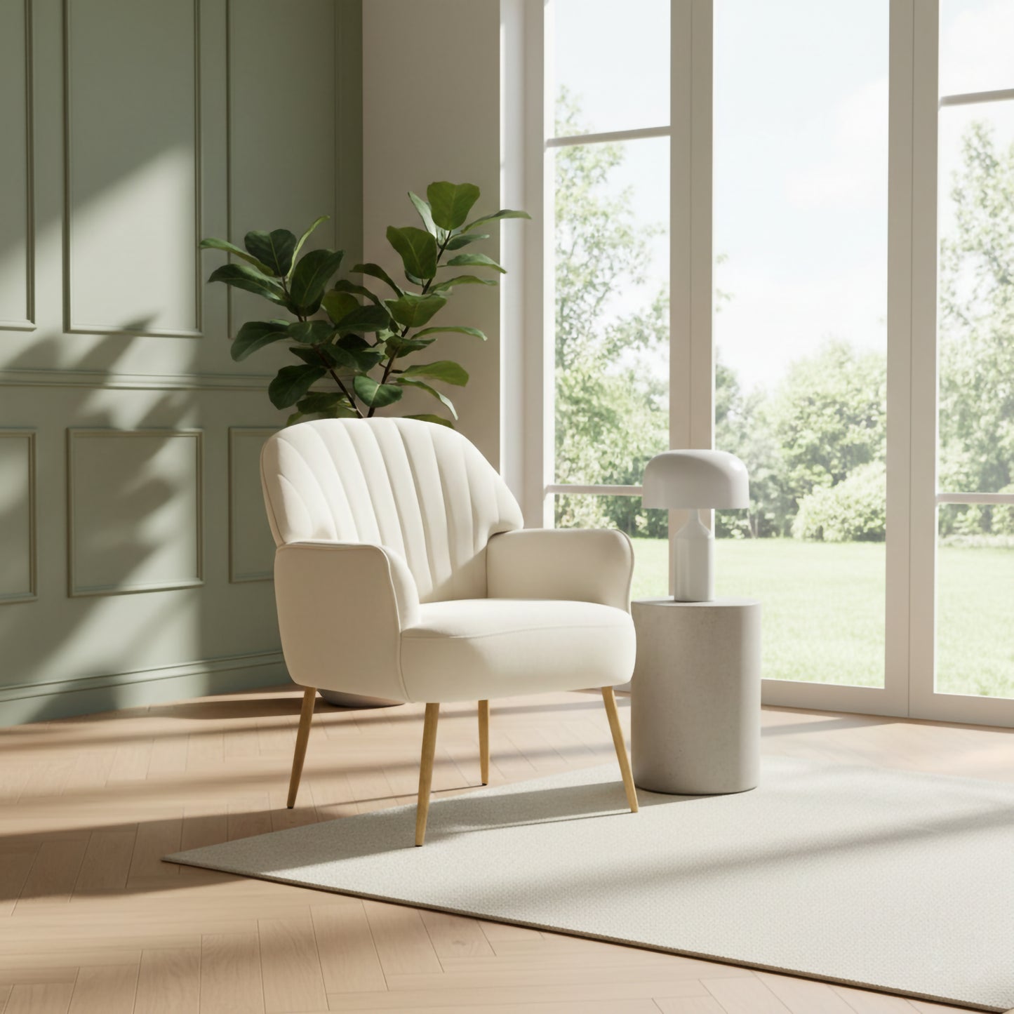Beige Velvet Accent Chair - Modern Upholstered Barrel Armchair