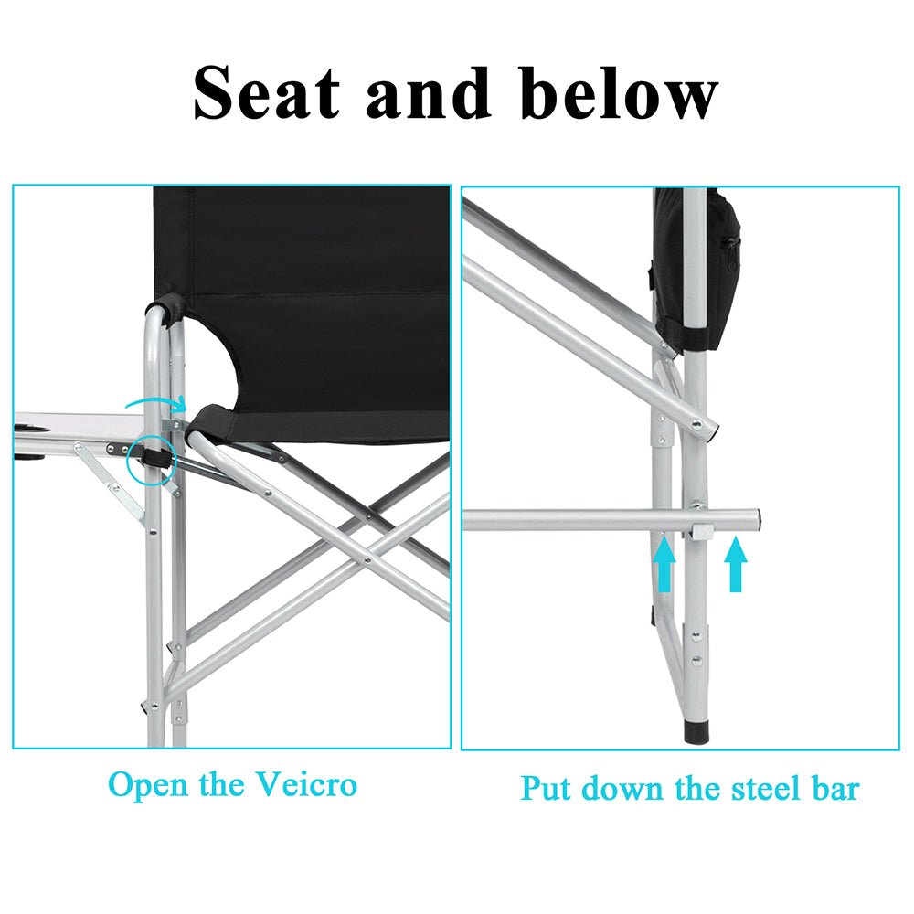 Folding Director's Chair with Footrest and Storage - Black