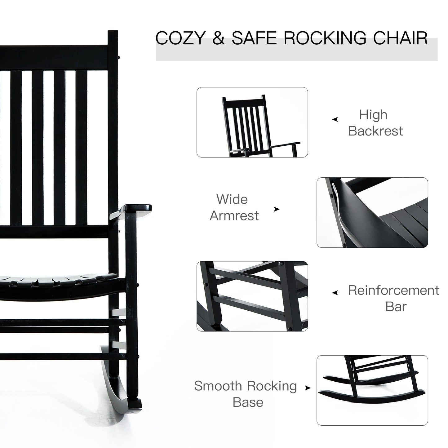 Wooden Outdoor Rocking Chair with Armrests - Black