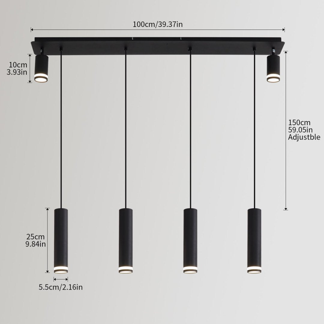 6-Light Matte Black Kitchen Island Pendant Light Fixture, Adjustable Cylinder Design