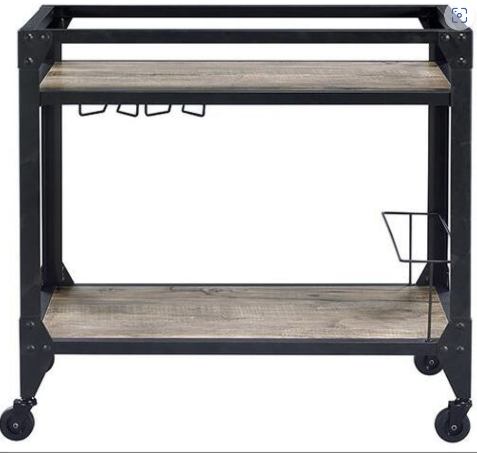 Rustic Oak & Charcoal Finish Serving Cart with Wine Rack