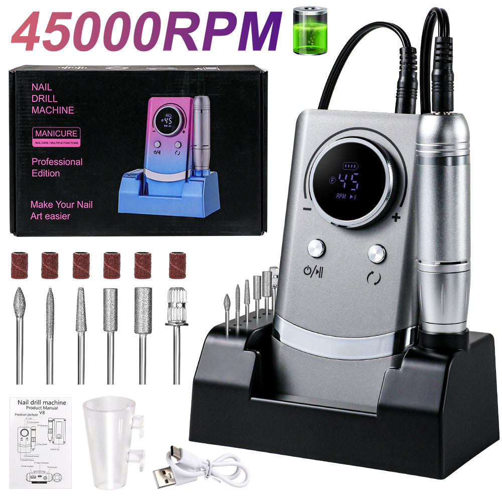 Professional Electric Nail Drill - 45000RPM Rechargeable E-File Kit