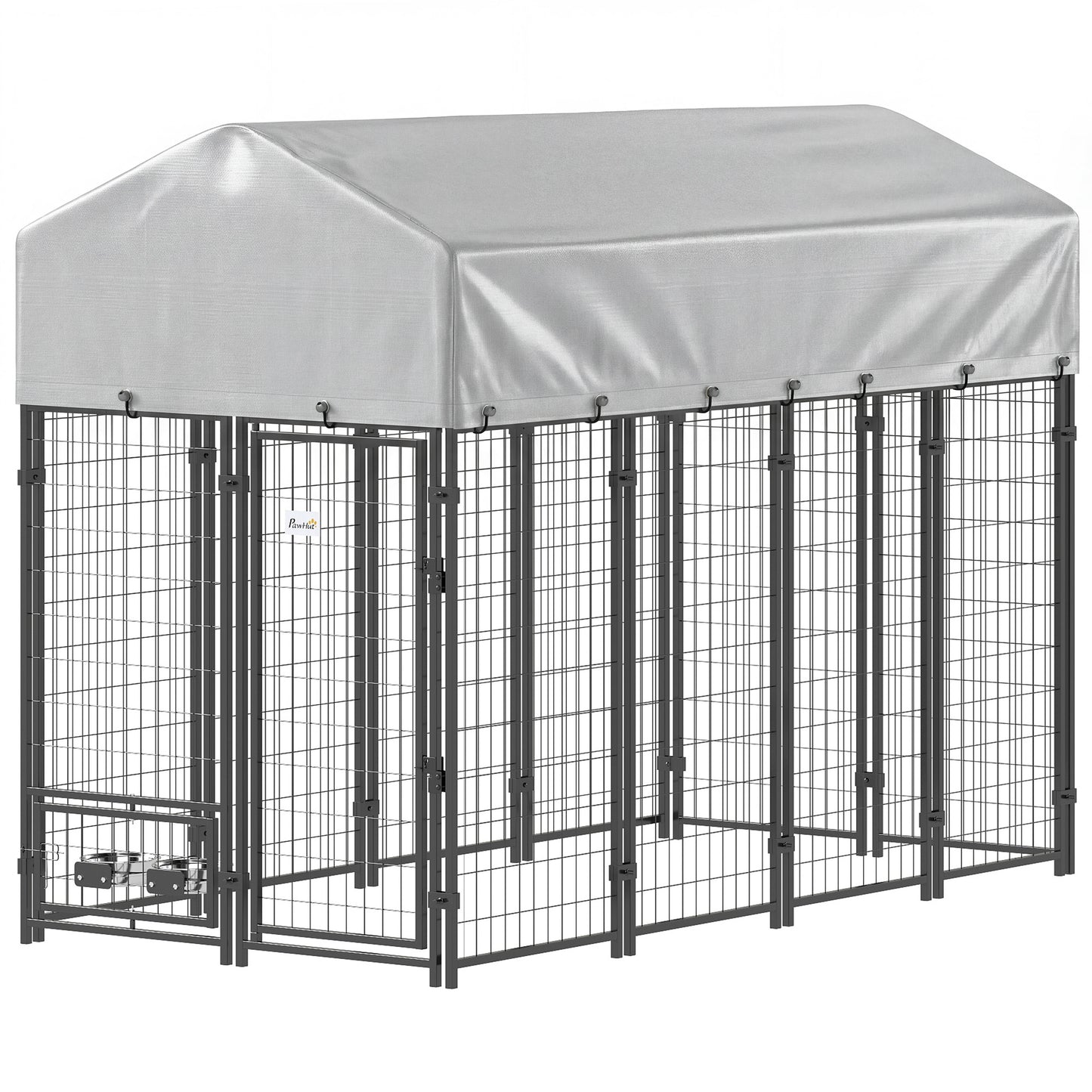 Outdoor Dog Kennel with Rotating Bowls, Waterproof Cover, Large Steel Frame - Silver