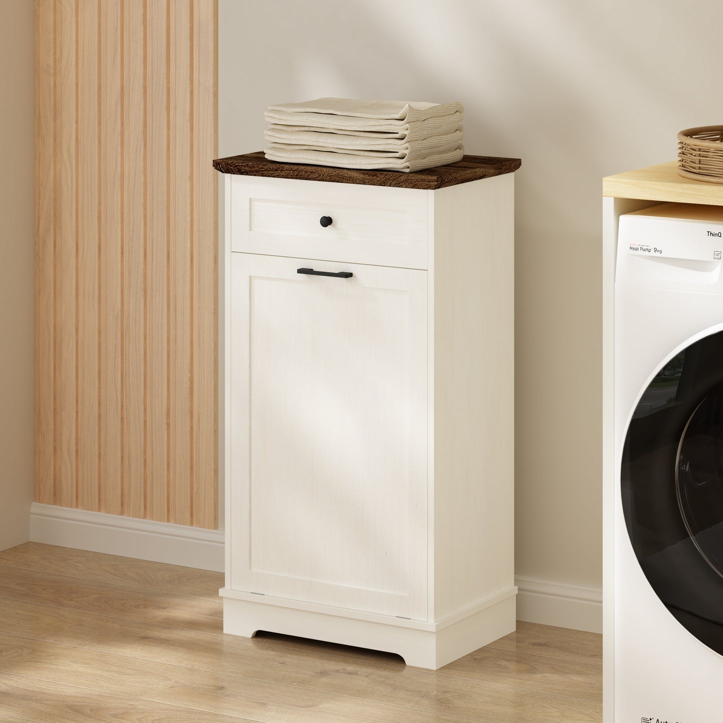 Tilt-Out Trash Cabinet - Freestanding Wood Recycling Bin with Drawer, Antique Brown & White