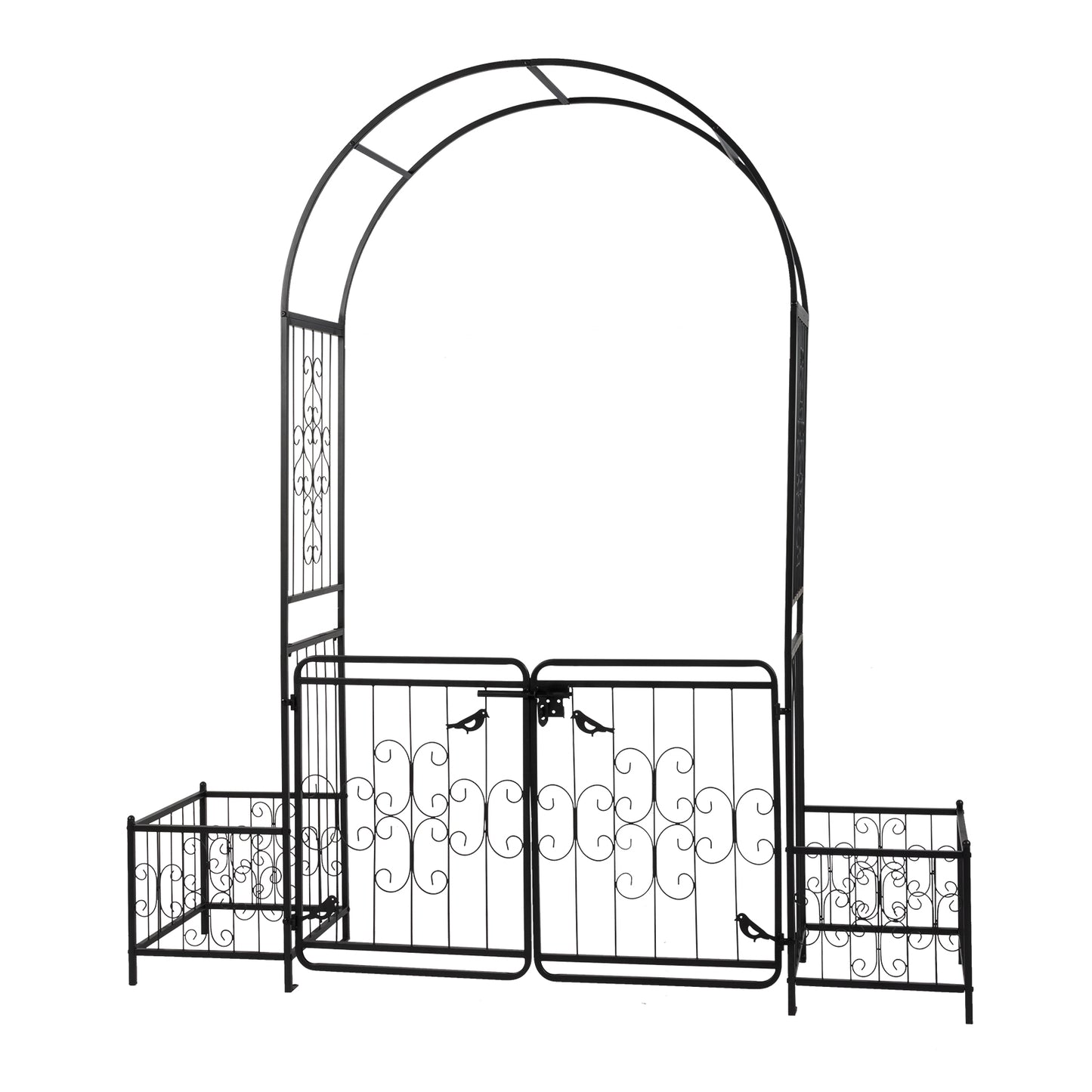 Garden Arbor Arch with Gate and Planter Box - Black Iron Support for Climbing Plants