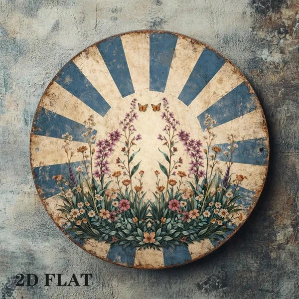 Vintage Butterfly & Flower Metal Round Sign - 8x8in