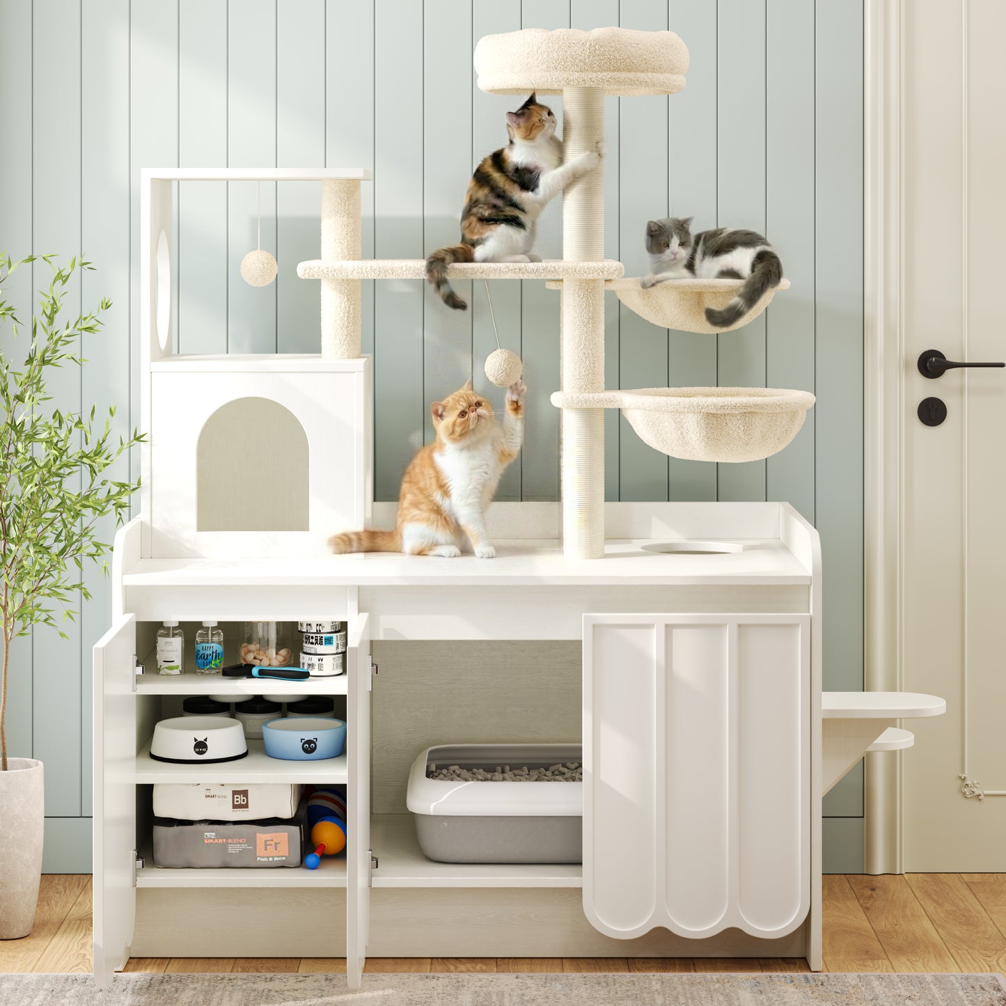 50.6 Cat Tree With Litter Box Enclosure, 5Cat Tower Sisal Scratching