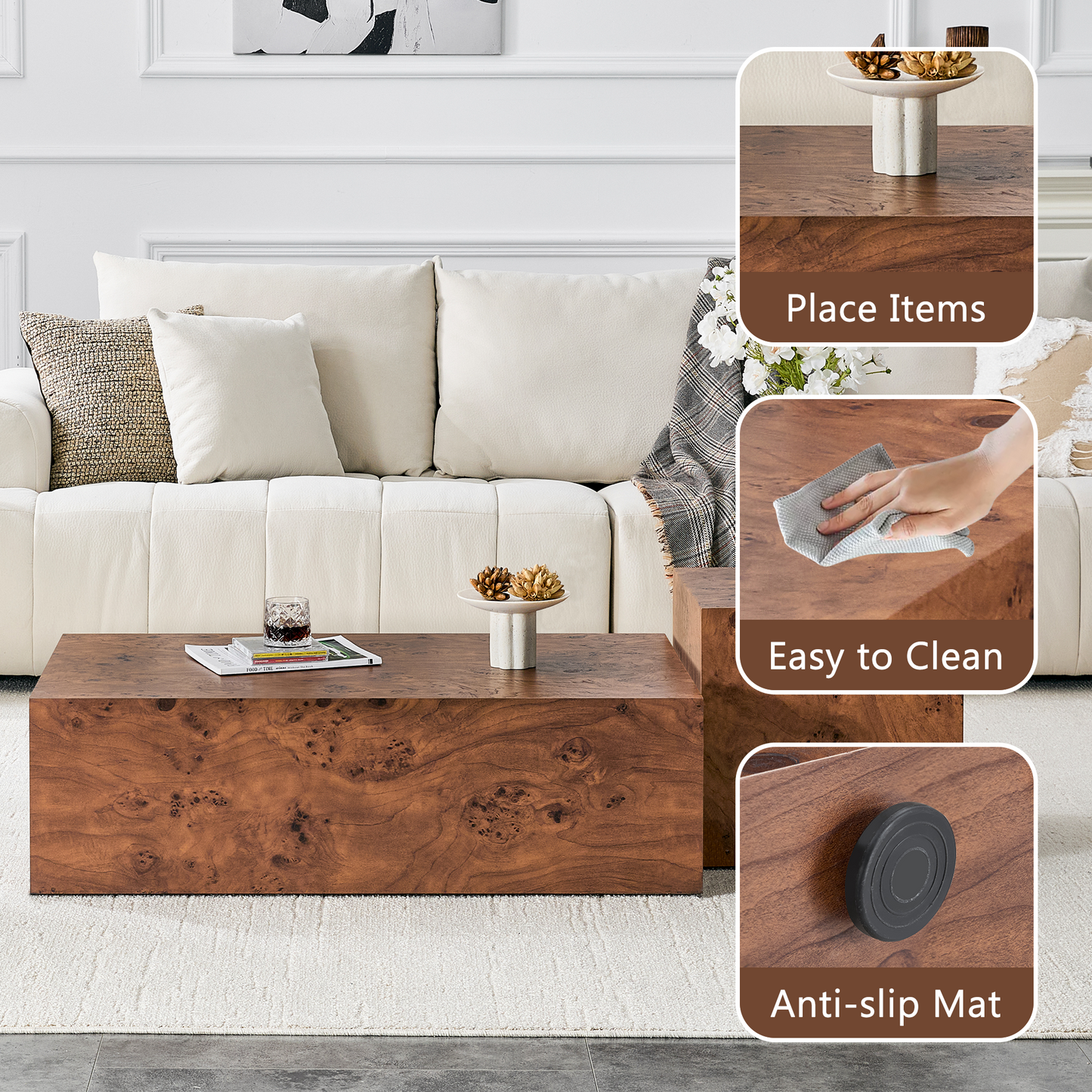 Height Adjustable Burl Walnut Veneer MDF Cube Table - 39.4x21.7x11.8