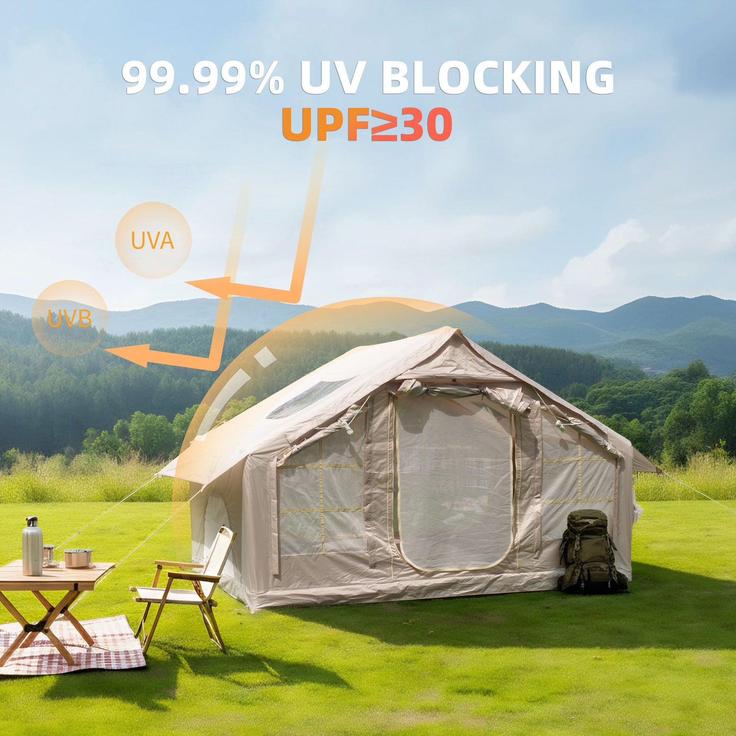 Inflatable 4-Season Camping Tent - Waterproof & Windproof - Beige