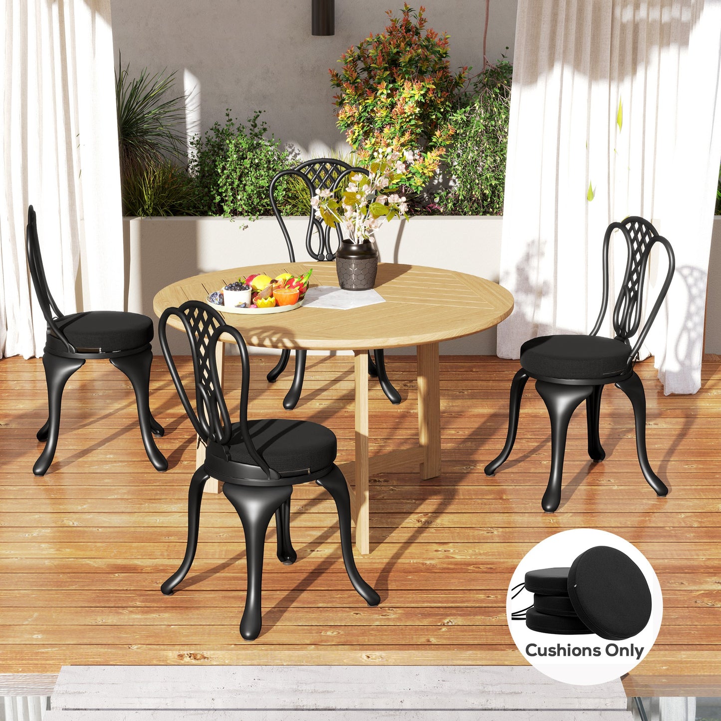 Round Patio Chair Cushions Set of 4 - Black, 15" Diameter