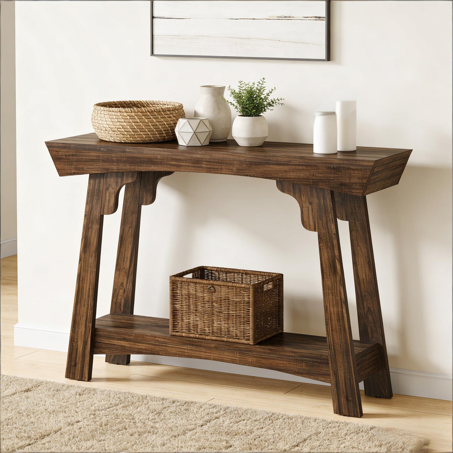 Rustic Brown 2-Tier Console Table - Entryway Storage