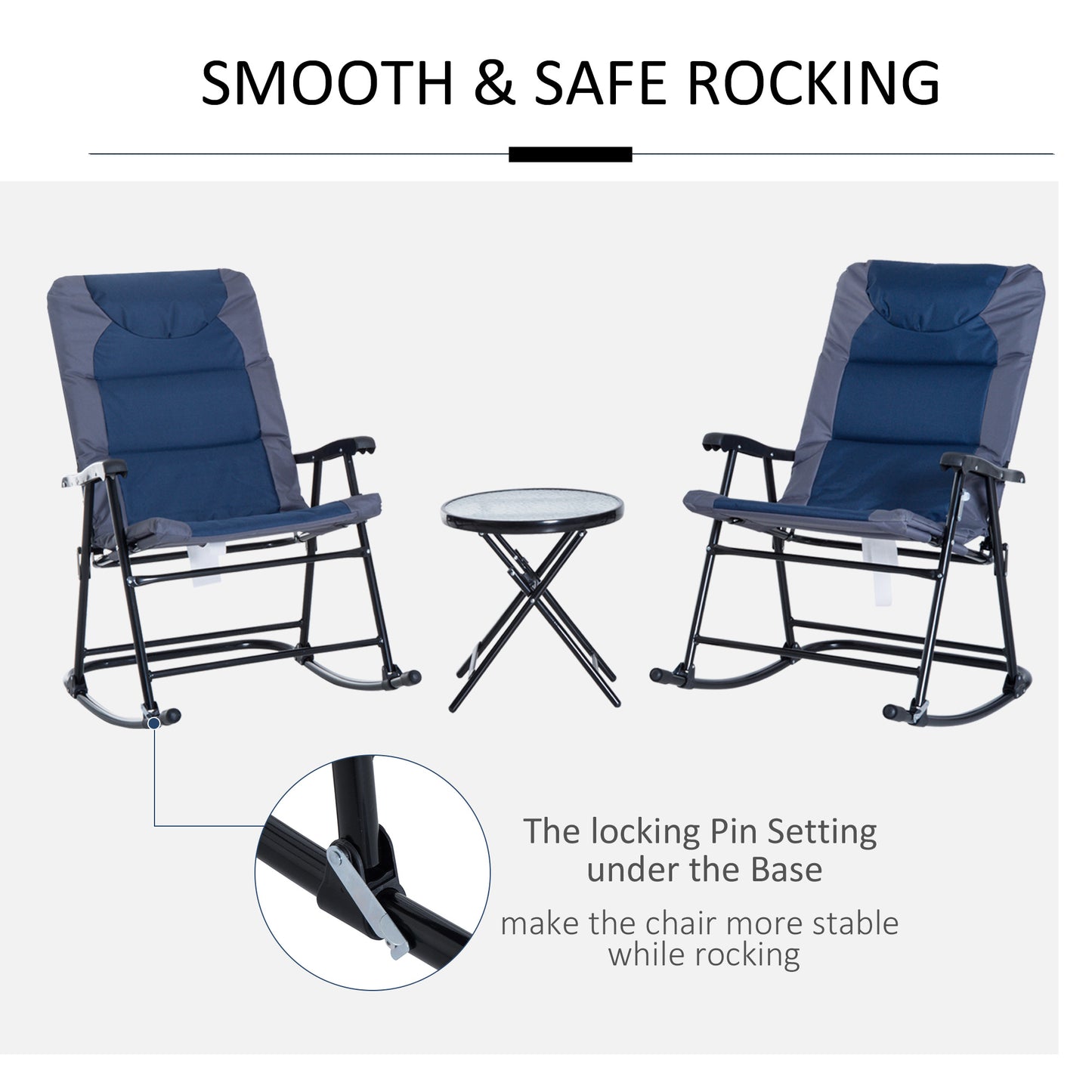 3 Piece Outdoor Folding Rocking Chair Set with Table - Blue & Gray