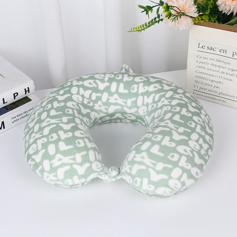 Letter Print U-Shaped Travel Neck Pillow with Microbead Filling and Snap Button