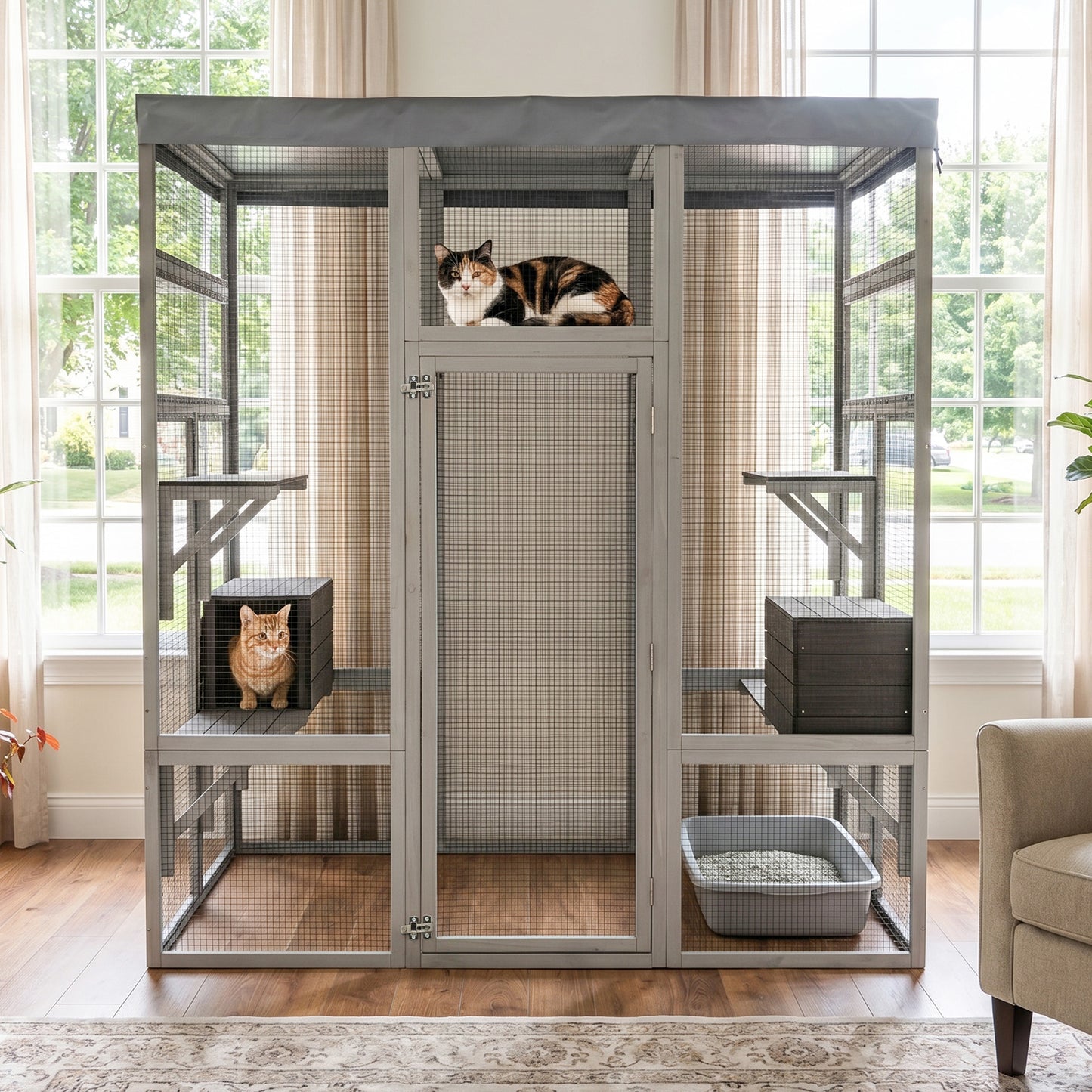 Large Wooden Cat Enclosure with Waterproof Cover, Napping Houses & Platforms - 62.6 Inches