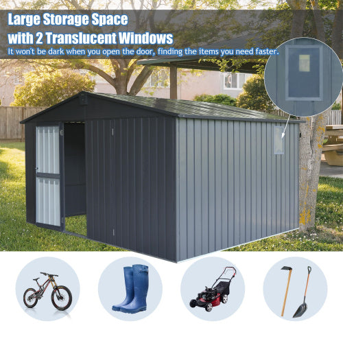 11x12.5 ft Outdoor Metal Garden Storage Shed with Windows and Lockable Door - Dark Gray