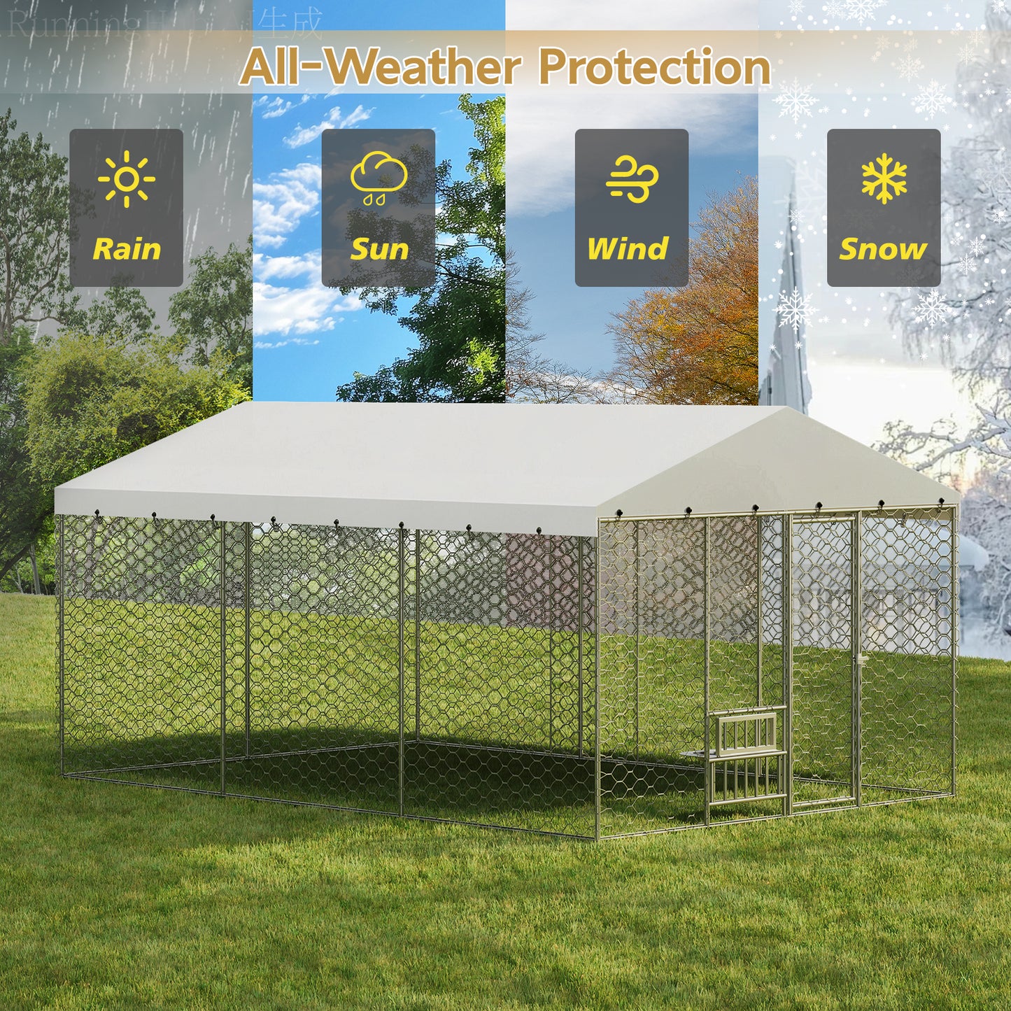 Large Outdoor Dog Kennel with Canopy, Galvanized Steel Frame, Waterproof Cover & Elevated Feeders