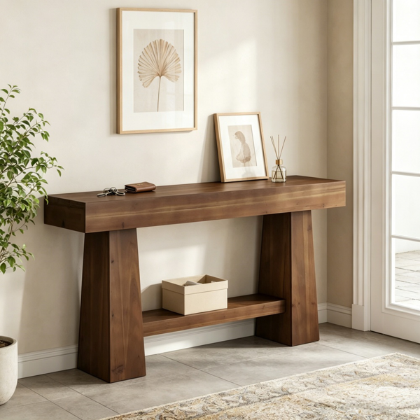 Solid Wood Console Table - Rustic 2-Tier Entryway Furniture