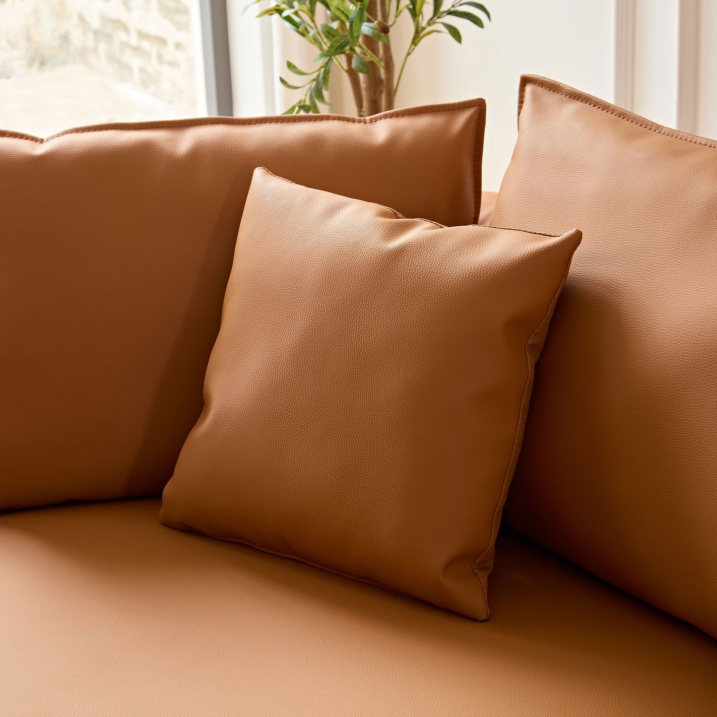 Curved 5-Seat Sofa Couch in Orange Eco-Leather for Living Room