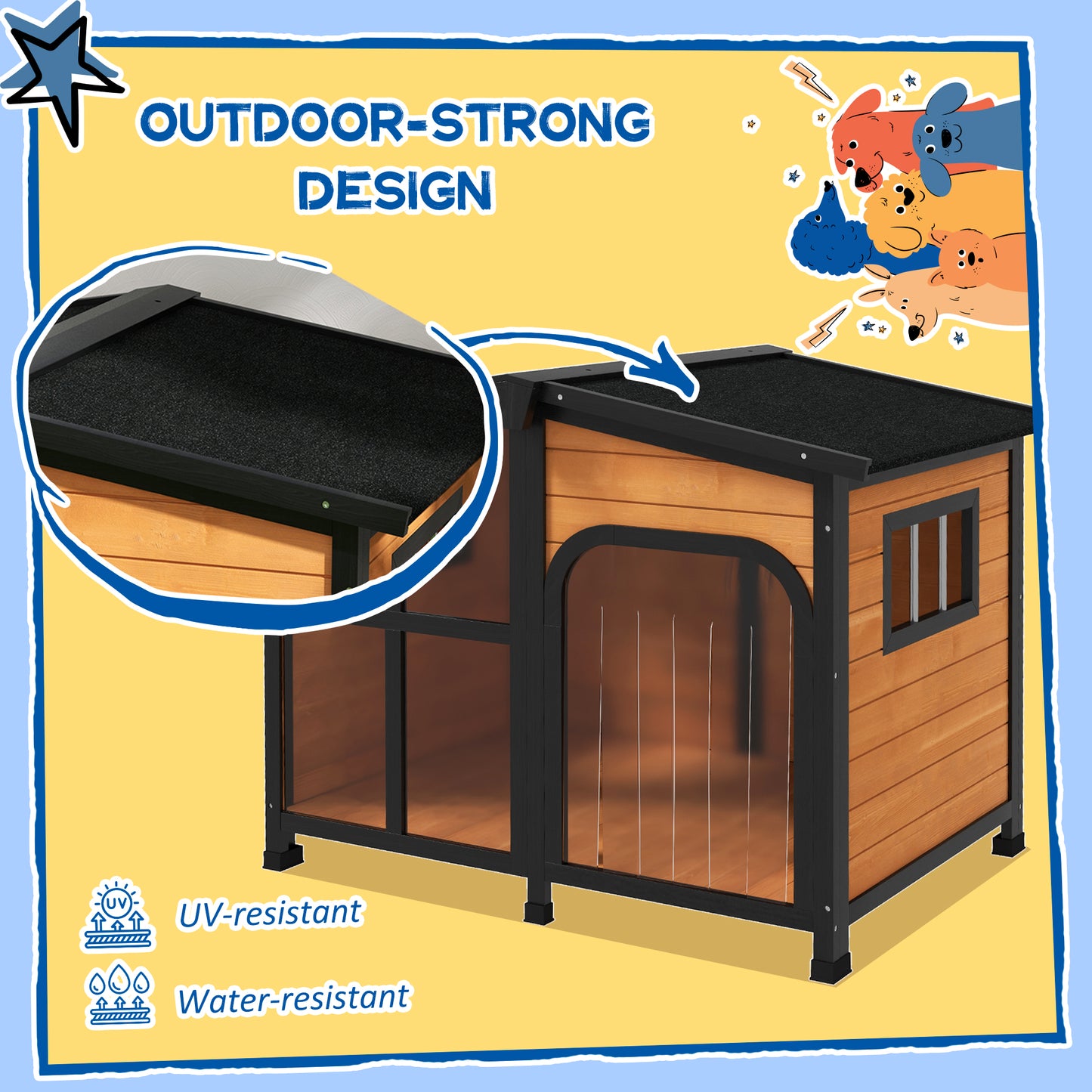 Large Wooden Dog House with Openable Roof and Window - Weatherproof Pet Shelter