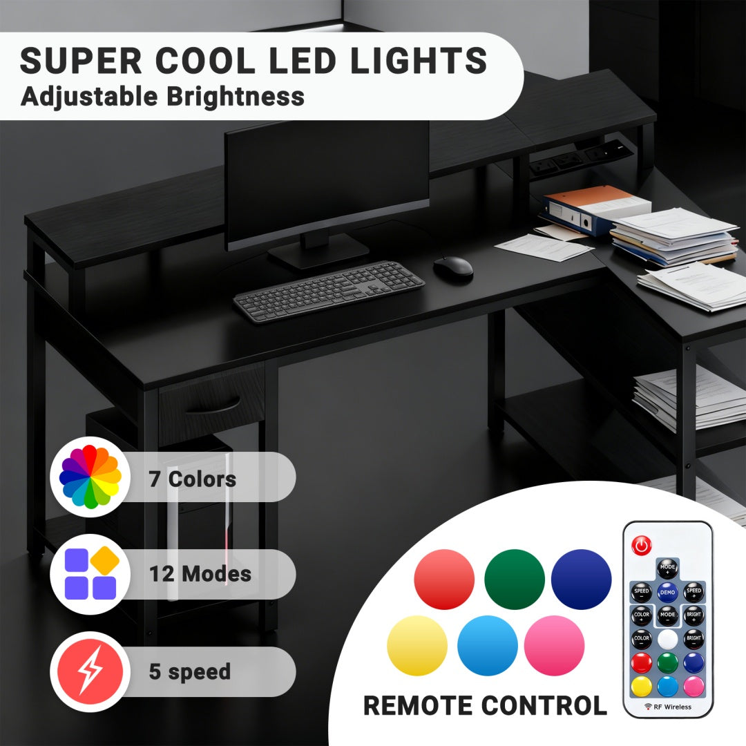 L-Shaped Gaming Table with USB Charging & LED Light