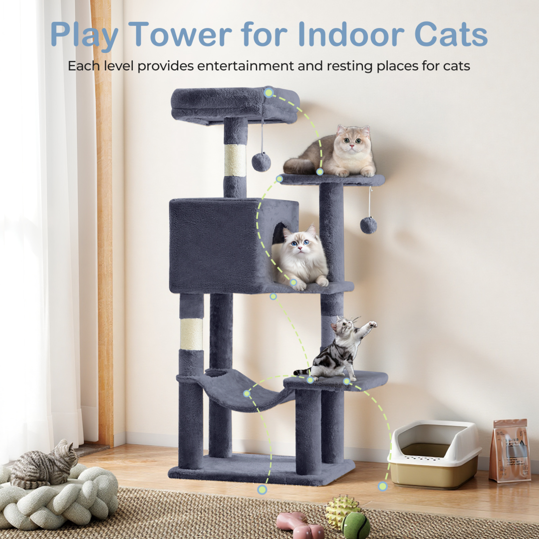 44-Inch Multi-Level Cat Tree Tower with Scratching Posts, Platforms & Hammock